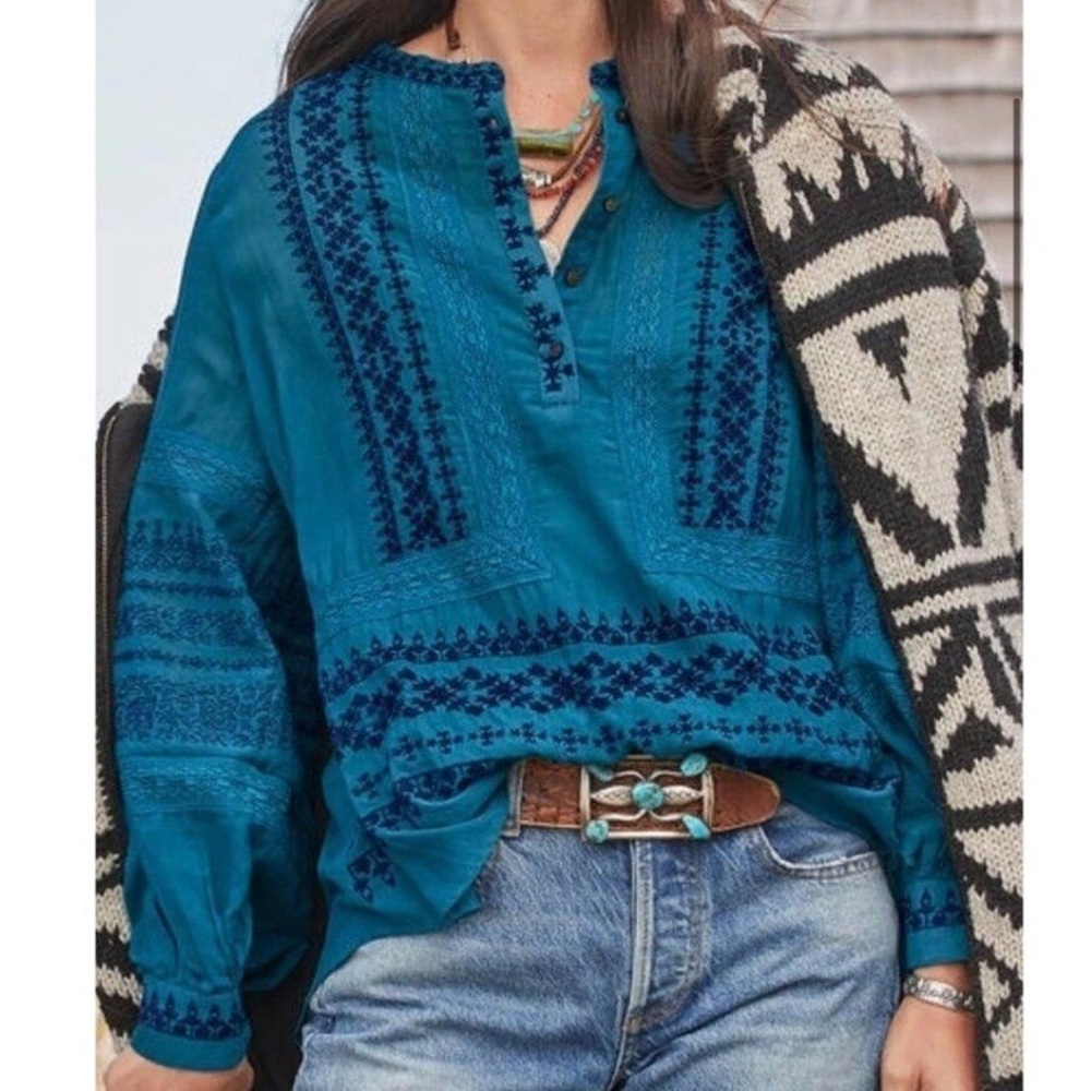 Sundance Almara Floral‎ Embroidered Balloon Sleeve Peasant Blouse Blue PS